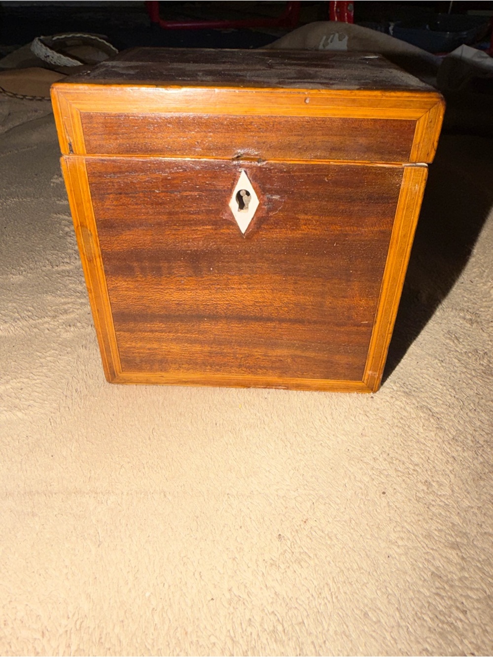 Vintage Wooden Box with Inlaid Keyhole - Brown and Honey